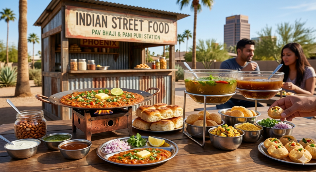 Indian street food in Phoenix - A delicious spread of Pav Bhaji and Pani Puri at Honest Chandler.